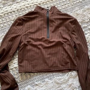 Brown half zip ribbed crop long sleeve